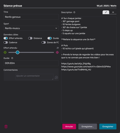 copie d'écran d'une séances PPG avec vidéo (éditions)